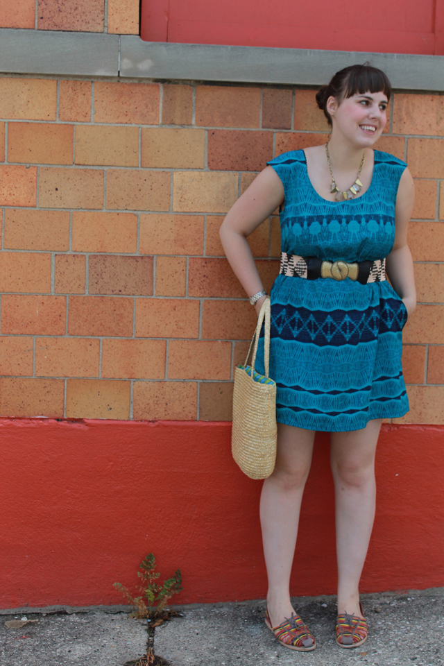 Pattern outfit: Target teal pattern dress with lattice back, rainbow-leather huaraches, patterned belt, straw bag