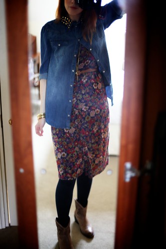17.05.12 :: DIY Denim Gold Studded Collar Shirt with Mum's Floral Wrap Dress and @LamaPeach Paige Boots.