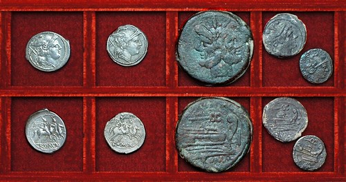 RRC 060 caduceus denarii, as, sextans, uncia, Ahala collection, coins of the Roman Republic