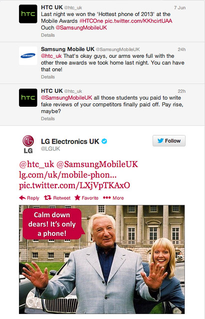 Perang kicauan akun Twitter resmi Samsung, HTC, dan LG di Inggris