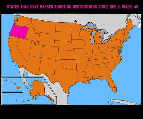 Map showing only Oregon has not passed any abortion restrictions since roe v wade