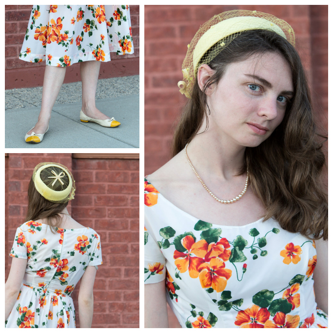 Vintage, French, flea Market, Orange flower dress, yellow hat, vintage dress, vintage hat, Never Fully Dressed,