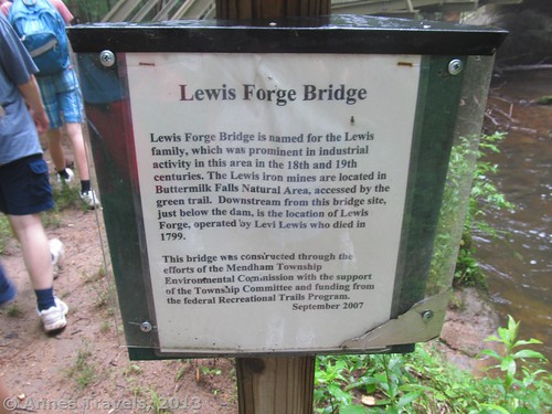 Sign about the bridge near Lewis Forge, Buttermilk Falls Natural Area, Mendham, New Jersey