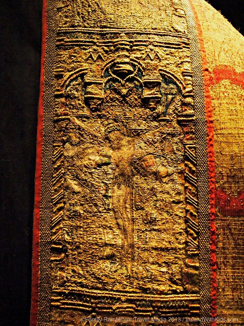 The Crucifixion, elaborately embroidered on a vestment, Medieval Museum, Waterford