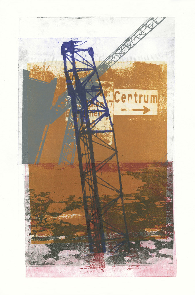 Building crane near Central Station Amsterdam nr 1. - combined with stone pavement en a sign for pedestrians - collage art on paper in mono-print technique by Hilly van Eerten, 2012