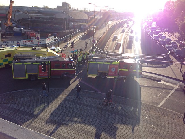 Another cyclist down at the Bow Flyover roundabout this morning. I hope it is not as bad as it looks.