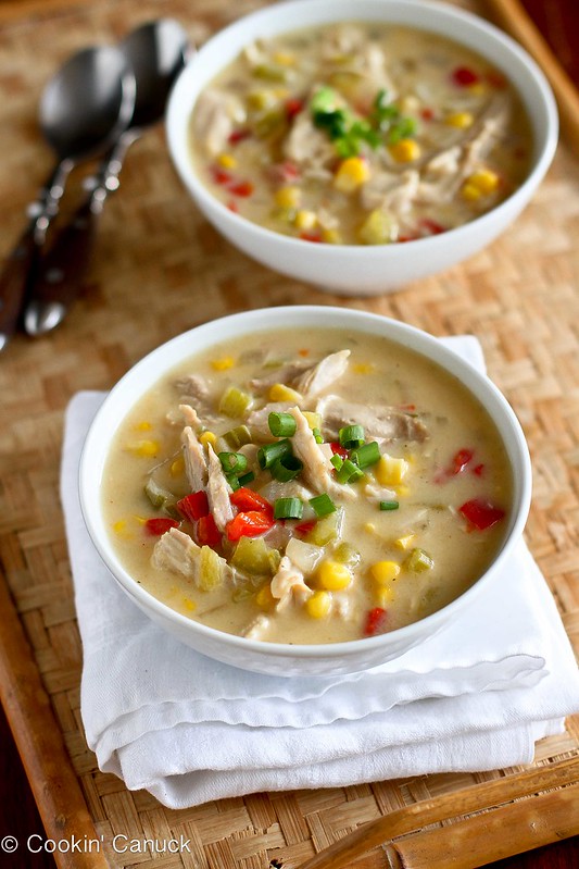 Light Turkey (or Chicken) & Corn Chowder Recipe | cookincanuck.com #lowfat #soup #leftovers