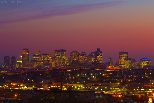 Sunset over Boston Skyline with Tobin Bridge Light Trails, Chelsea and Everett Foreground by Greg DuBois Photography