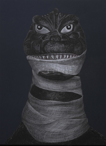 Adeel Uz Zafar, Protagonist (Kong and Godzilla) diptych, 2013, Engraved drawing on vinyl, 40.64 x 30.48 cm (LR)g