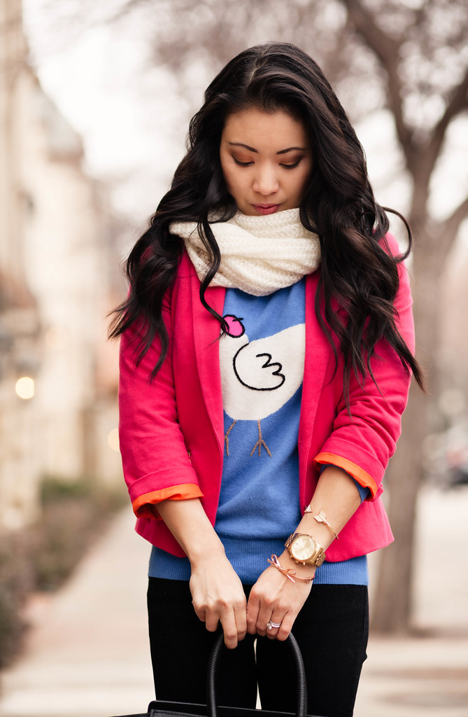 cute & little blog | pink blazer, white infinity scarf, french hen animal sweater | winter outfit