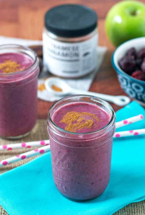 Blackberry Cinnamon Smoothies. Healthy fruit smoothies with blackberries, apple, vanilla, and dates.