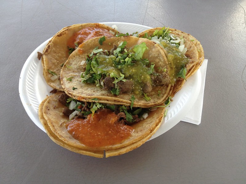 Lengua (tongue) tacos, tripa tacos, and tacos de higado encebollado (beef liver) at Taqueria Mexicana at Shenandoah Flea Market