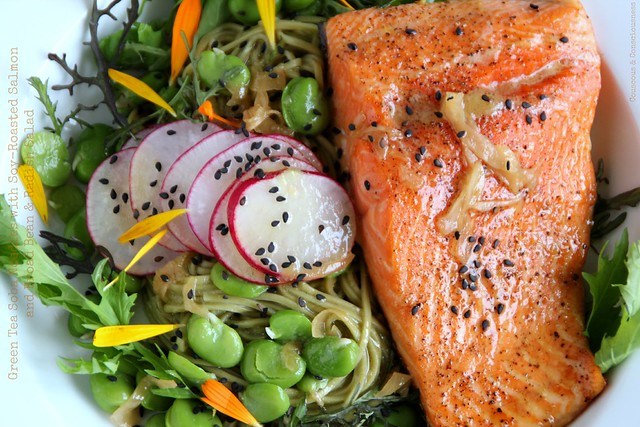 Green Tea Soba Noodles with Soy-Roasted Salmon and Broad Bean & Radish Salad 3