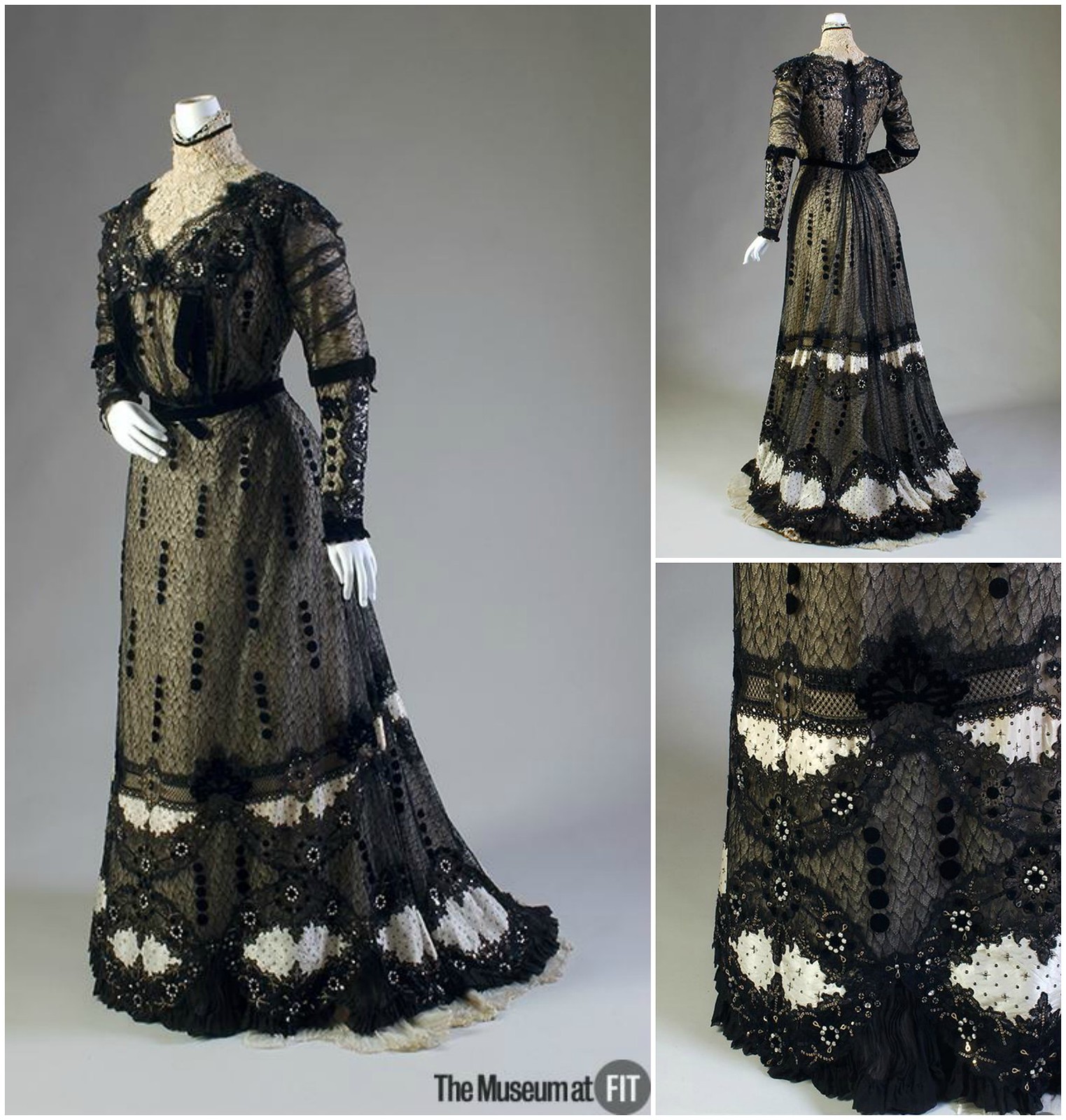 1909. Evening Dress. Callot Soeurs. Black lace, white taffeta, sequins and rhinestones. Museum at FIT