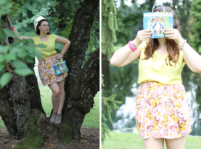 Austin Finds outfit: Yellow blouse, thrifted pink and yellow floral skirt, suede ankle boots, DIY neon chord and metal hardware nut bracelet, kitschy neon plaid plastic bag made from recycled Mexican tote