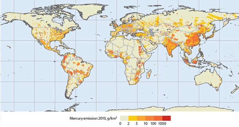 2010全球大氣汞人為排放分佈圖3，顏色越偏深紅色表示排放量越高。