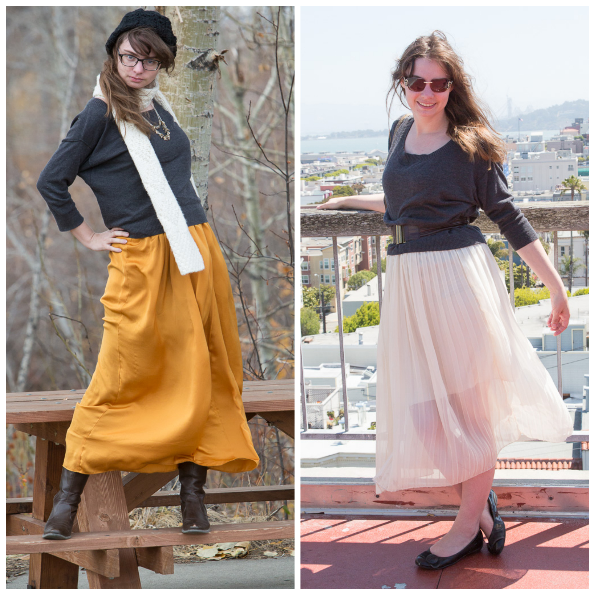 grey-sweater-remix, outfit, scarf, golden-skirt, white-skirt, 