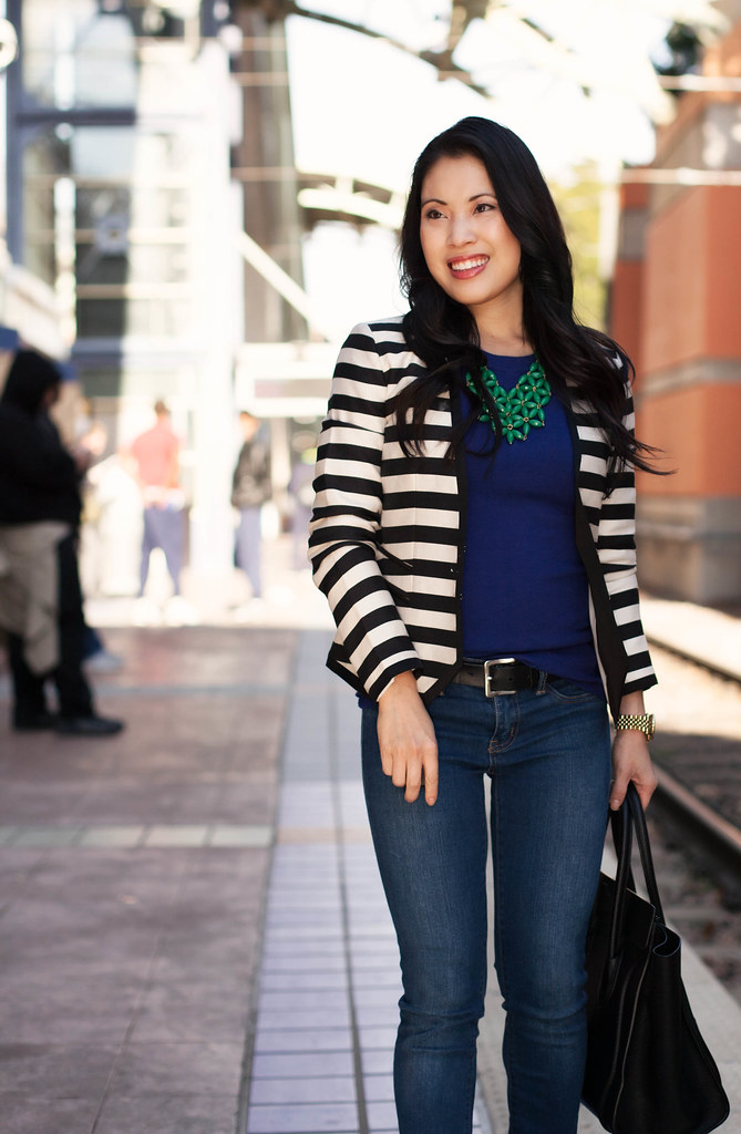 cute & little blog | striped blazer, jewel tones, leopard pumps outfit