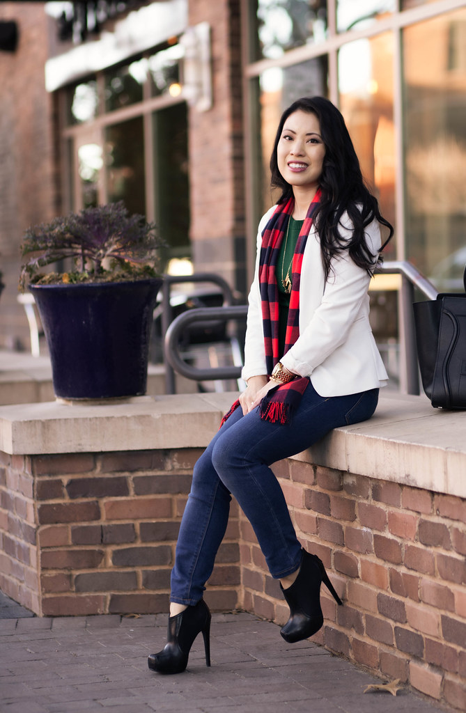 cute & little blog | white blazer, buffalo plaid scarf, green sweater, skinny jeans, black ankle boots, casual outfit