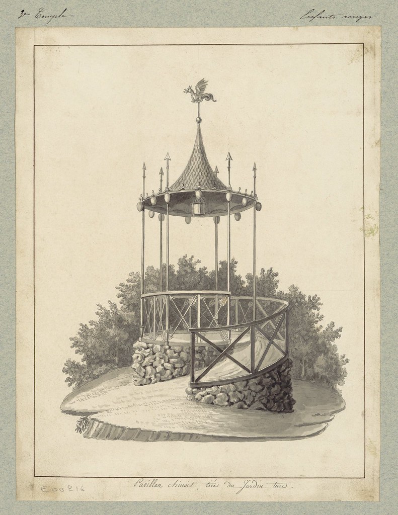 ink/inkwash sketch of a little Chinese pavilion in 19th c. Turkish garden in Paris