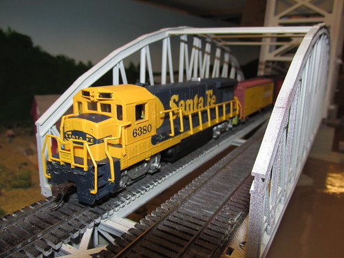 Fellow club member Tom's own Santa Fe short freight train crossing the Missisippi River lift bridge.  The Oak Park Society of Model Engineers,H.O Scale Model Railroad Club.  Oak Park Illinois.  October 2013. by Eddie from Chicago