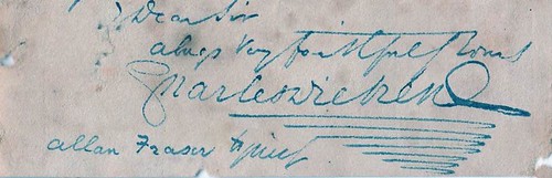 Signature of Charles Dickens at foot of a letter to Patrick Allan-Fraser dated 19th April 1858