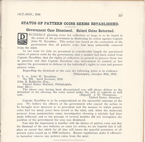 Seized Pattern Coins Returned 1910