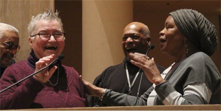 Former political prisoner Atty. Lynne Stewart with Ralph Poynter and Dolores Cox at a fundraiser for Stewart on Feb. 14, 2014. Stewart was recently released from federal prison. by Pan-African News Wire File Photos