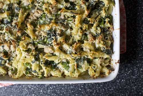 baked bechamel pasta with broccoli rabe