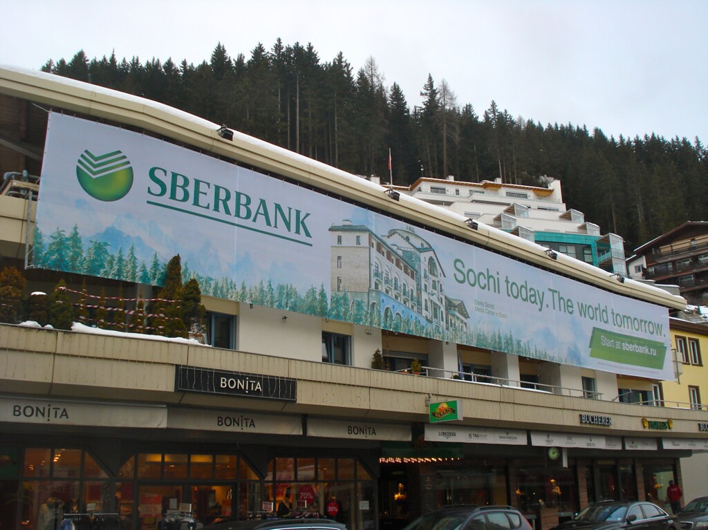 Here, the Russian bank Sberbank showcases its sponsorship of the upcoming Olympics in Sochi.