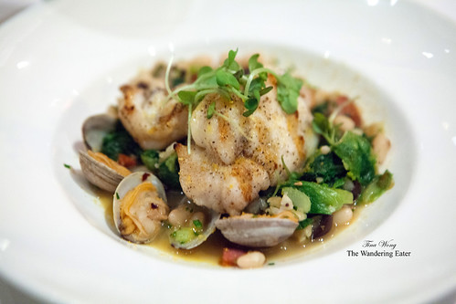 Grilled Monkfish with Navy Beans, Clams, Linguica Sausage and Taggiasche Olives