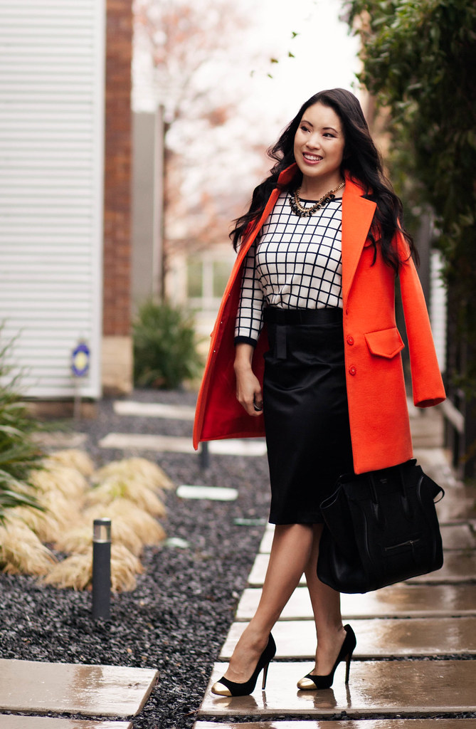 cute & little blog | windowpane grid sweater, black bow pencil skirt, capped toe heels outfit
