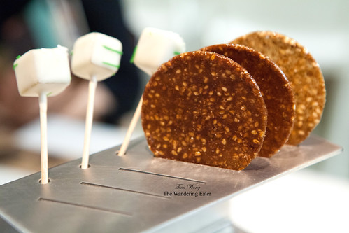Third tier of petit fours - Lime & rosemary "lollipops" and Sesame & licorice crisps