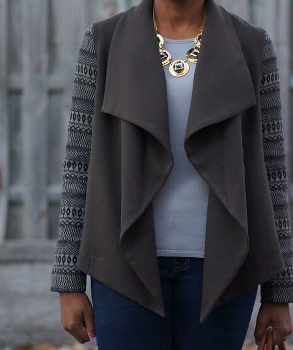 Forever 21 open jacket with aztec sleeves, JCrew stacked layers necklace 3