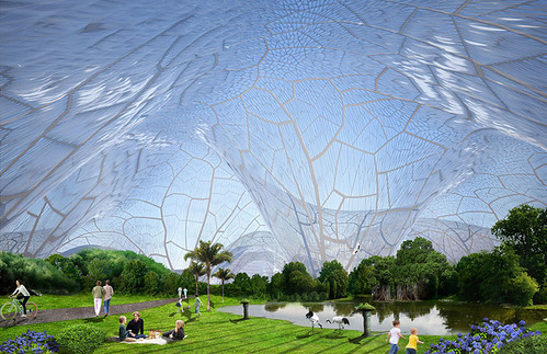 泡泡保護下，人們安全的在公園進行休閒活動示意圖，圖片來源Bubbles。
