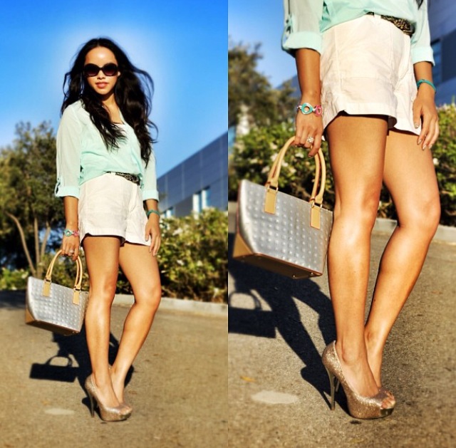 instagram-pslilyboutique-los-angeles-fashion-blogger-Mint chiffon top, white shorts, silver satchel, glitter heels