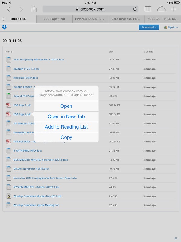 Opening files from DropBox in Safari for iPad in a new tab