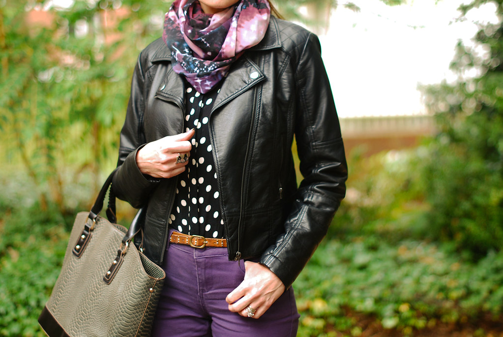 Biker jacket, polka dot blouse & purple skinnies