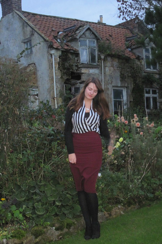 ASOS cropped cardi, striped blouse, burgundy pencil skirt, heeled boots