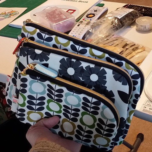 My first sewing goal of 2014--to try to replicate these Orla Kiely pouches I bought at Target, with their interesting half curved zippers. Time to get started.