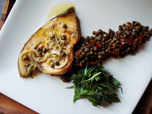 Seared Swordfish with Frilly Herb Salad, Lentils de Provence