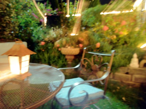 Lights, patio table, flowers, lamp, chair, night, A Garden for the Buddha, Seattle, Washington, USA by Wonderlane