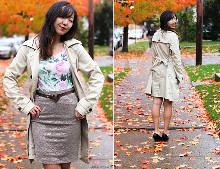trench coat pastel floral lace pencil skirt