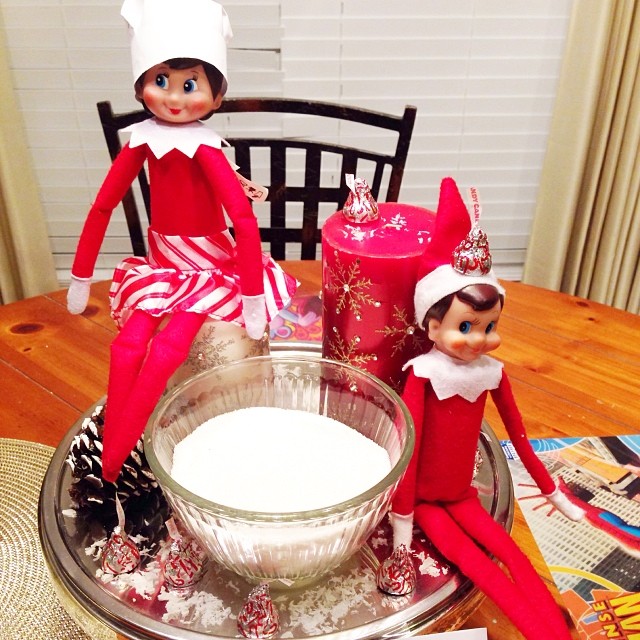 Today Elfie and Samantha left seeds (peppermint kisses) for the kids to plant in a bowl of sugar. Samantha is even wearing her cooking hat. Then, they need to put some sprinkles on top to water the seeds. Any idea what will grow?? Tomorrow morning we will