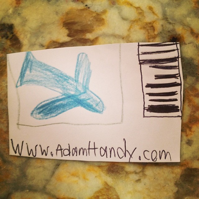 "Mom, here's my business card. Just scan the bar code for all the details."  He's only seven.