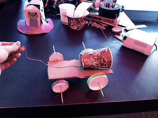 Underpowered  "Jet" car made from paper cups, cardboard, skewers and pens.