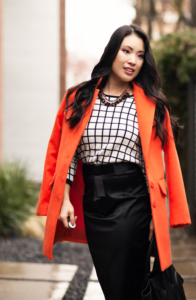cute & little blog | orange long coat, windowpane grid sweater, black bow pencil skirt, capped toe heels outfit