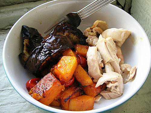 baked chicken with roasted eggplants, butternut squash, and grape tomatoes