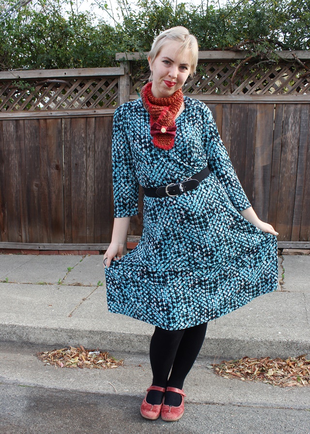 Teal Patterned Tea-Length Dress, Auburn Pumpkin Scarf, Black Knee Socks - OOTD 1/8/2014