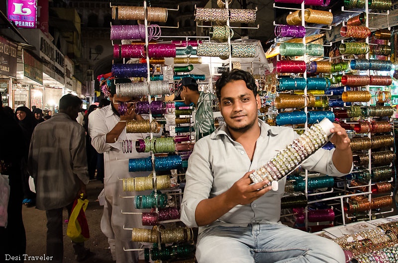 bangle seller in lad bazaar night market charminar
